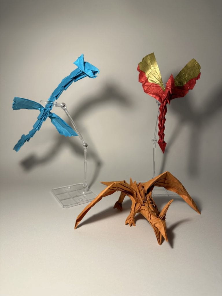 An origami sea dragon and an origami phoenix, designed by Ronik Bhaskar.