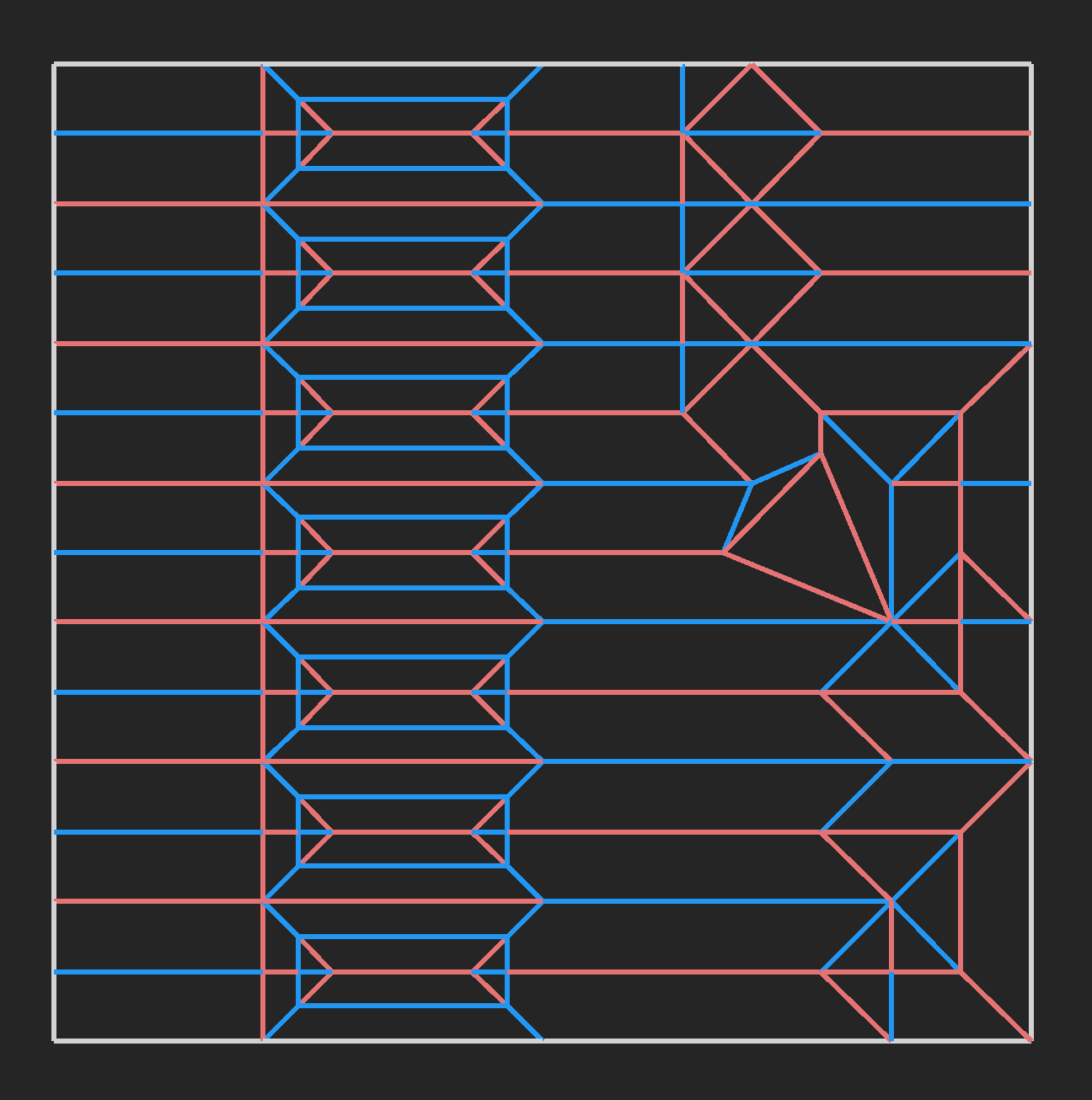 Crease pattern of origami fish holding an umbrella.